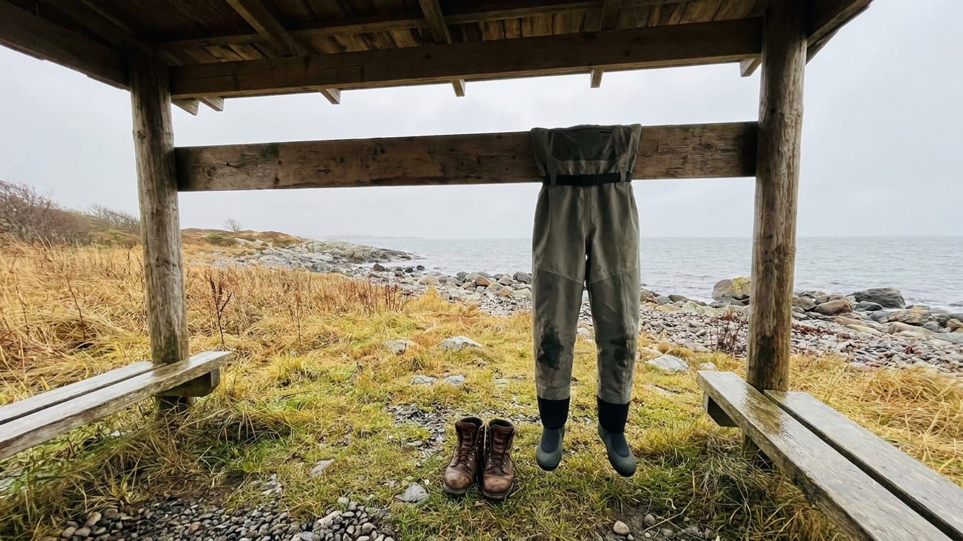 Åndbare waders hænger til tørre under et halvtag