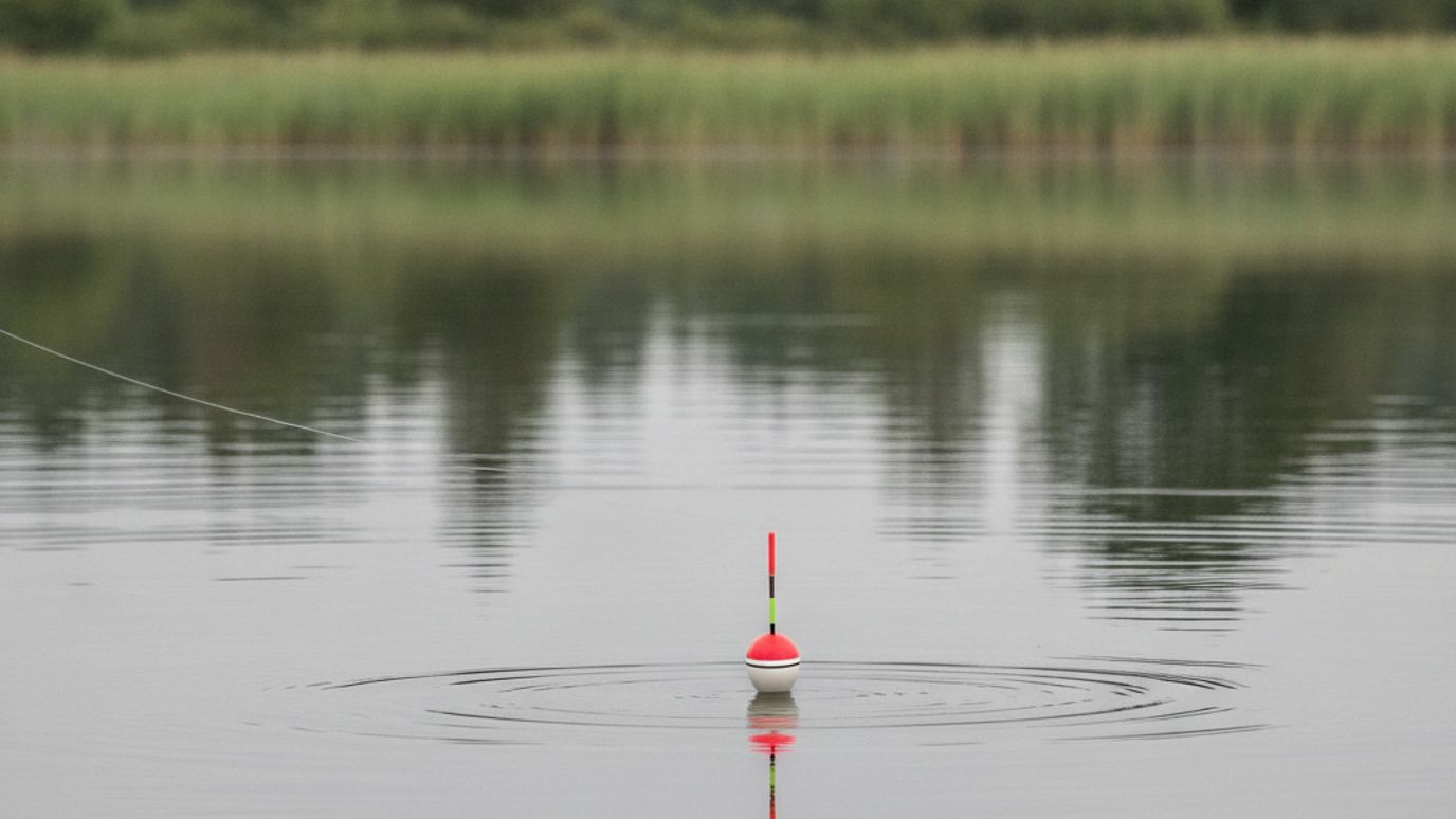 Flåd der ligger roligt i overfladen på en Put & Take sø med siv i baggrunden