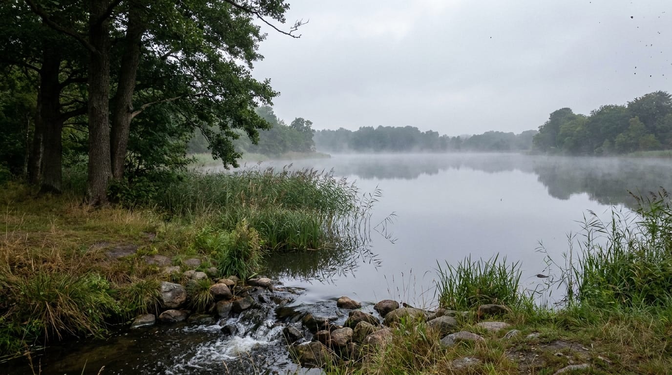 Lille dansk fiskesø i morgendis med siv, træer og et indløb med rindende vand